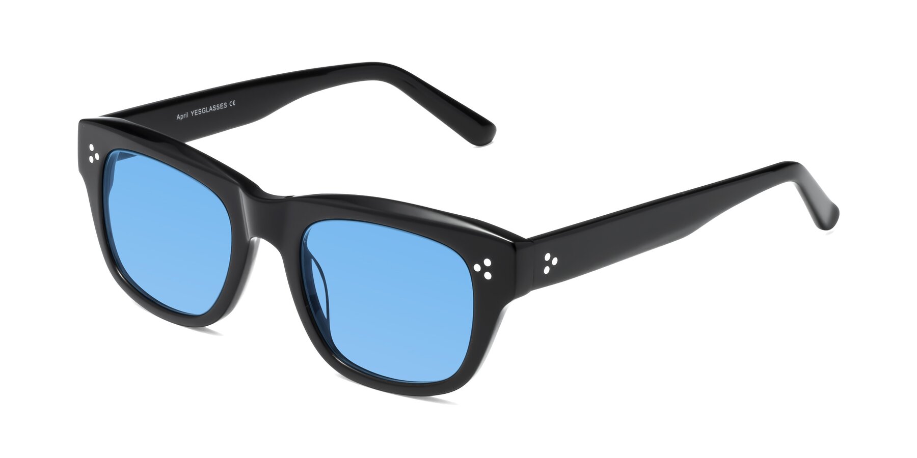 Angle of April in Black with Medium Blue Tinted Lenses