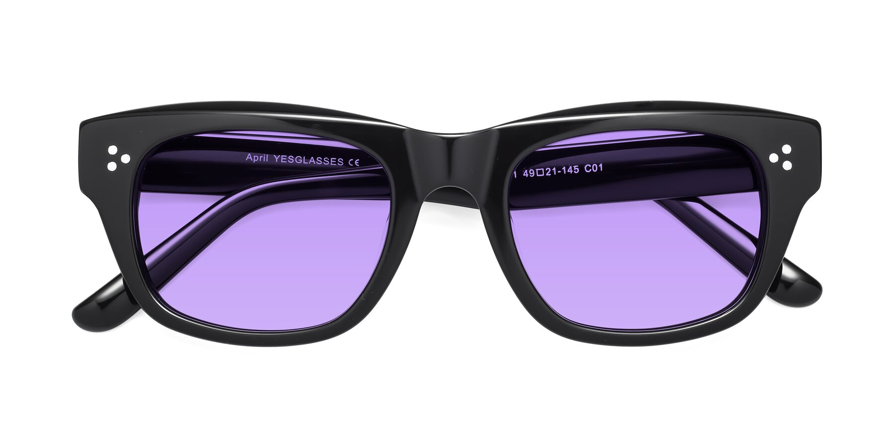 Folded Front of April in Black with Medium Purple Tinted Lenses