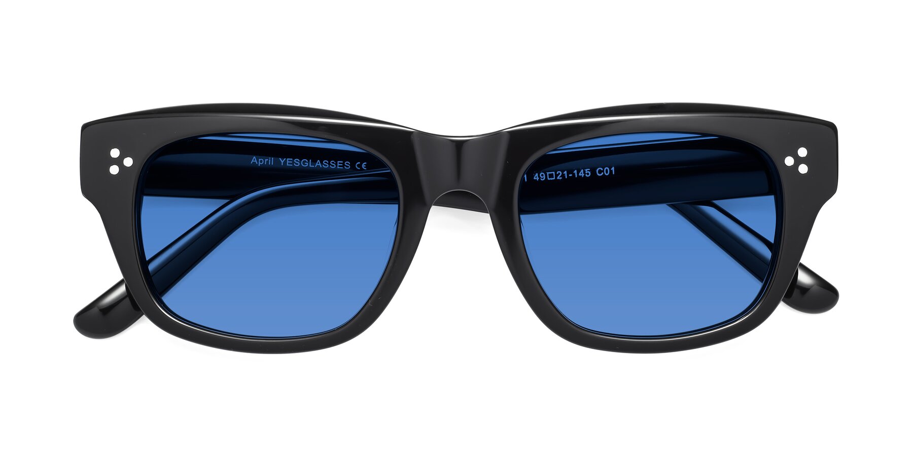 Folded Front of April in Black with Blue Tinted Lenses