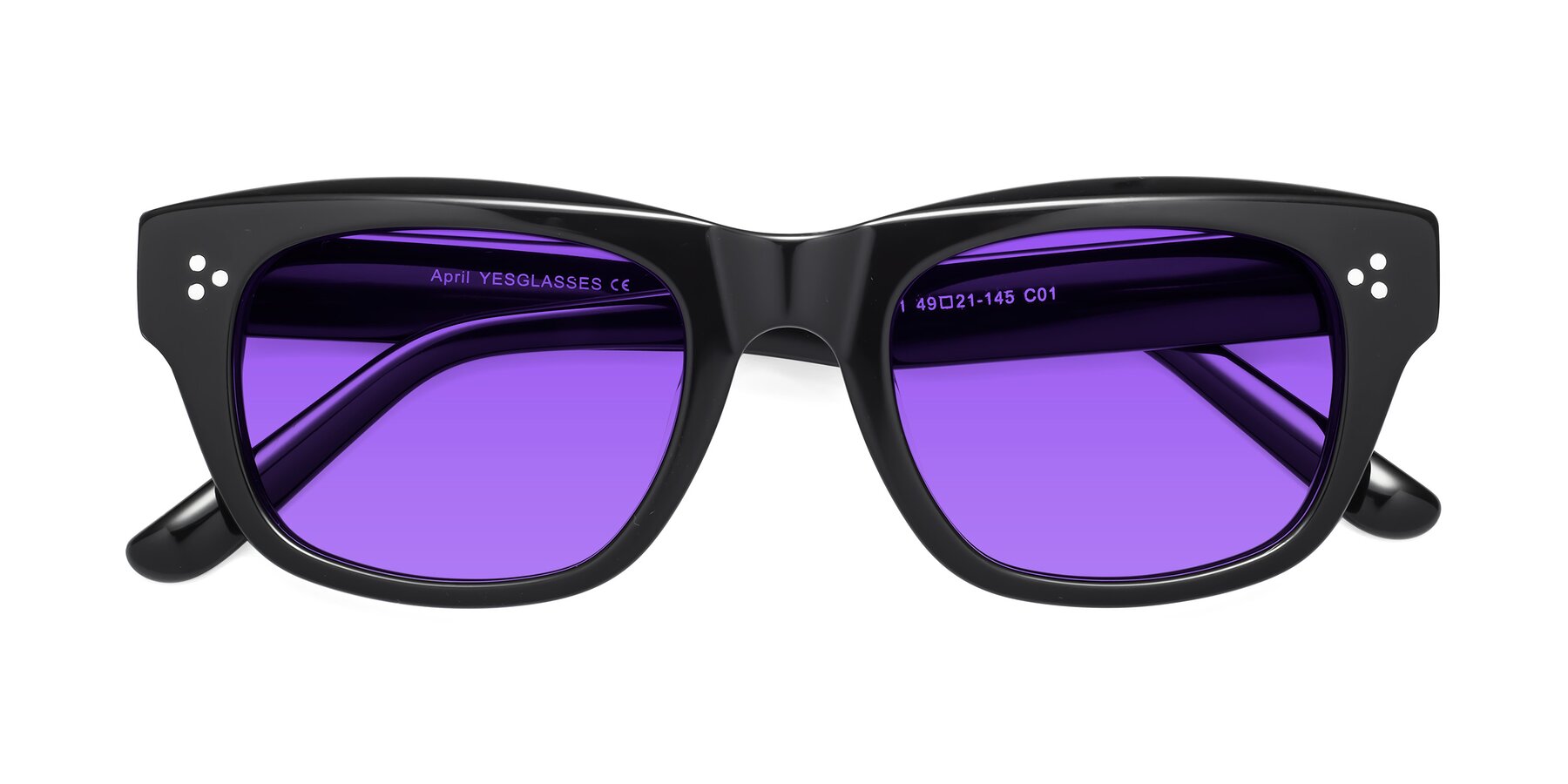 Folded Front of April in Black with Purple Tinted Lenses