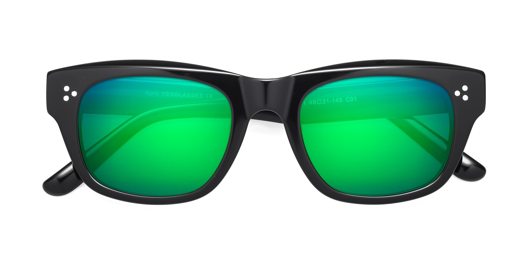 Folded Front of April in Black with Green Mirrored Lenses