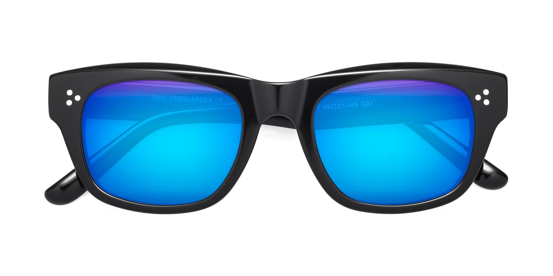 Folded Front of April in Black with Blue Mirrored Lenses