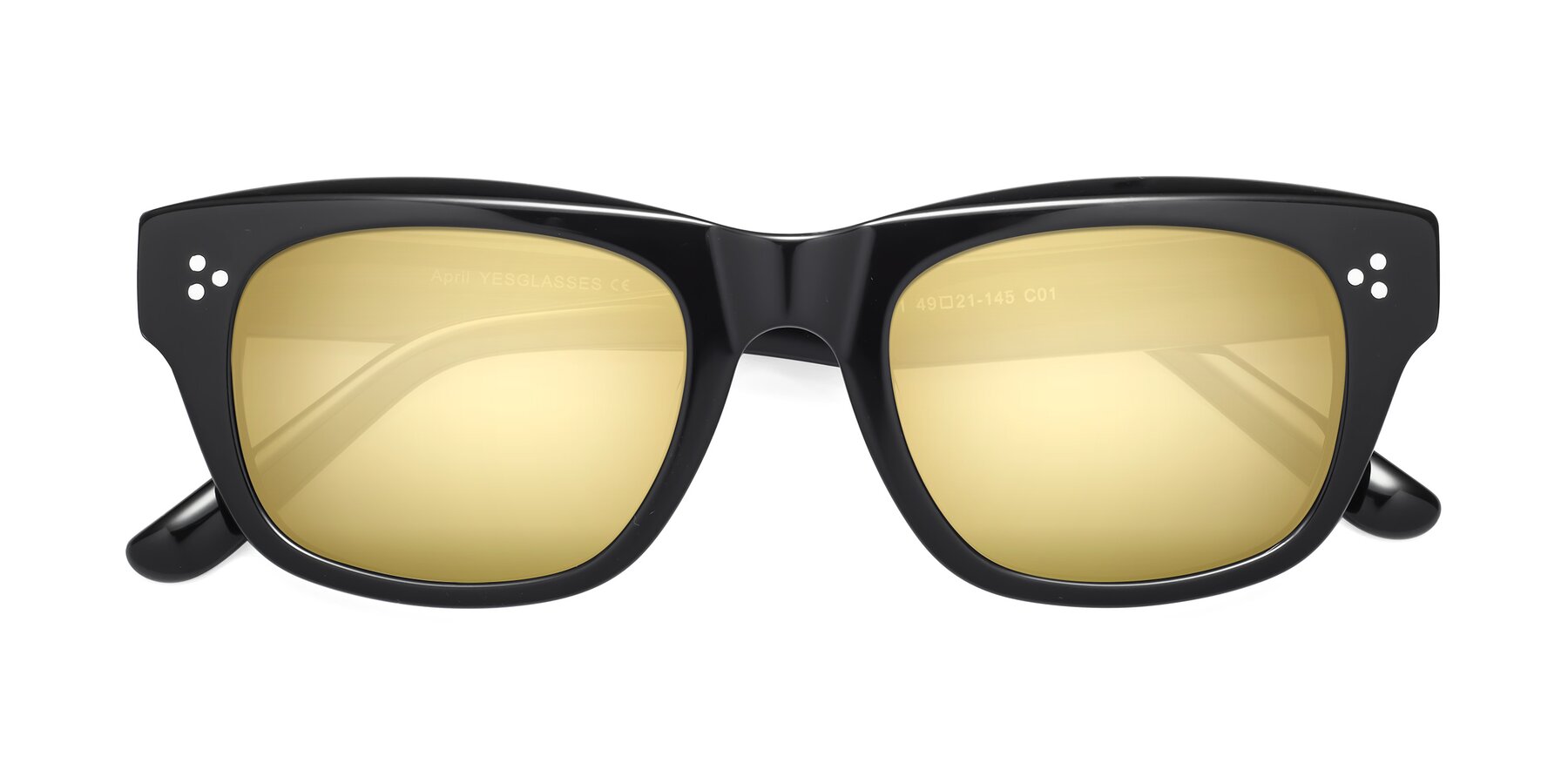 Folded Front of April in Black with Gold Mirrored Lenses