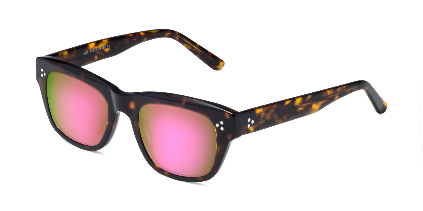 Angle of April in Tortoise with Pink Mirrored Lenses