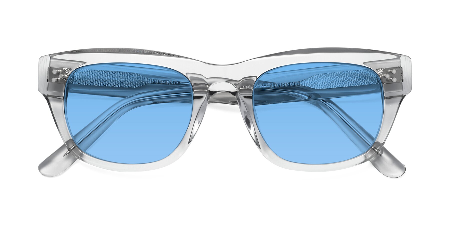 Folded Front of April in Clear with Medium Blue Tinted Lenses