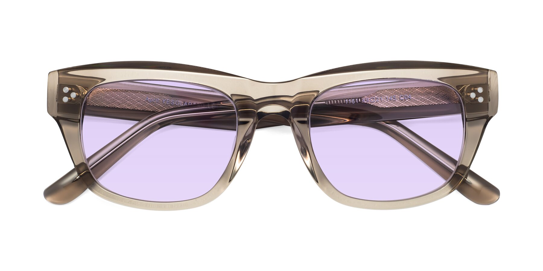 Folded Front of April in Amber with Light Purple Tinted Lenses