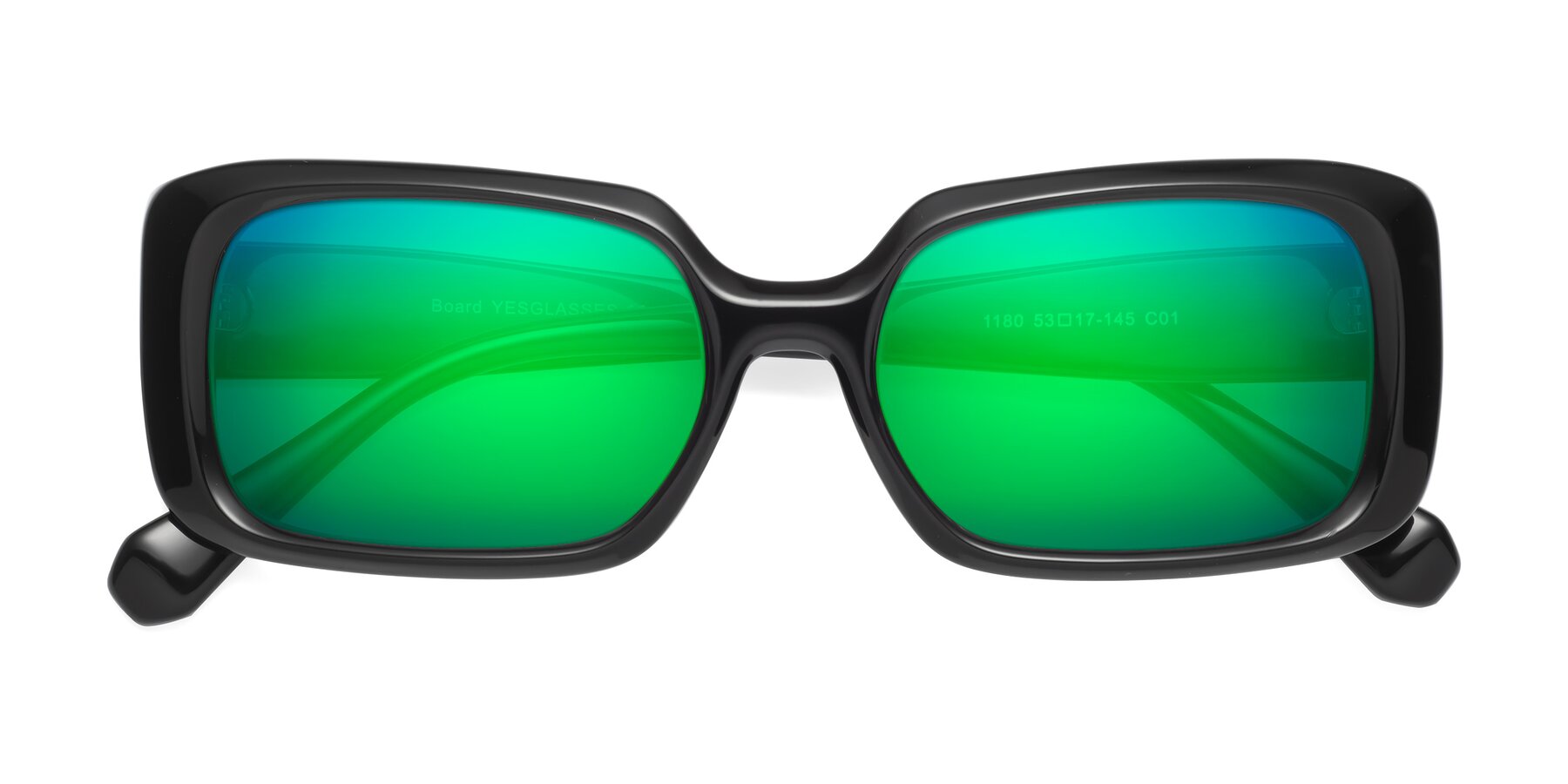 Folded Front of Board in Black with Green Mirrored Lenses
