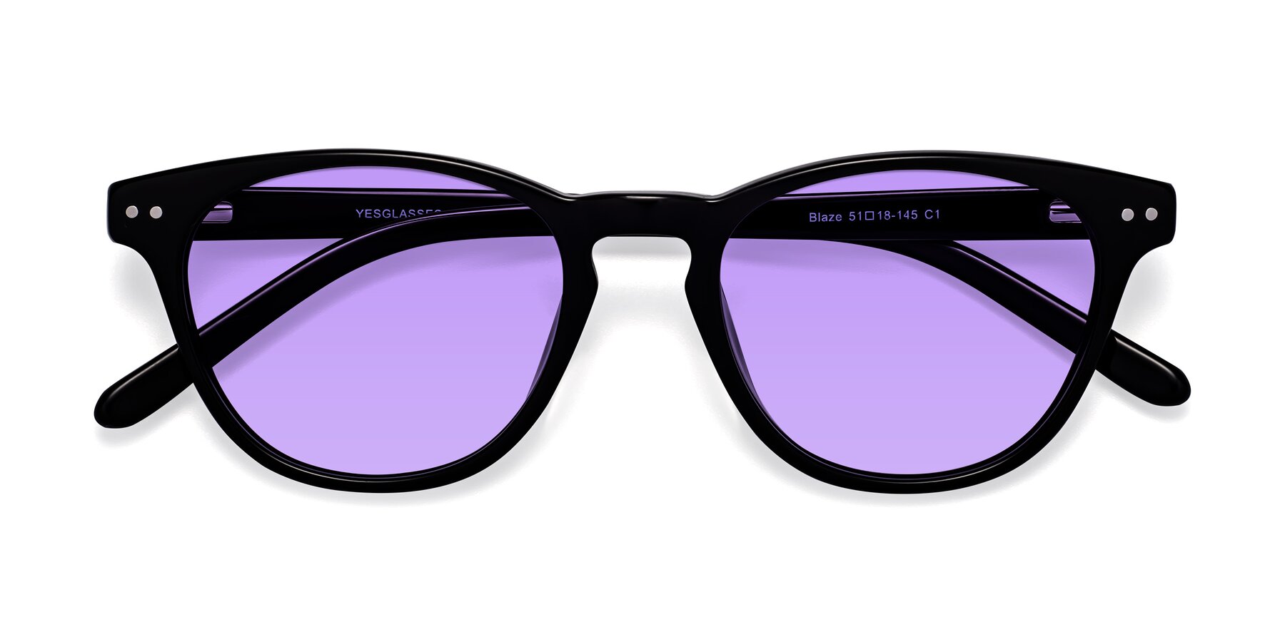 Folded Front of Blaze in Black with Medium Purple Tinted Lenses
