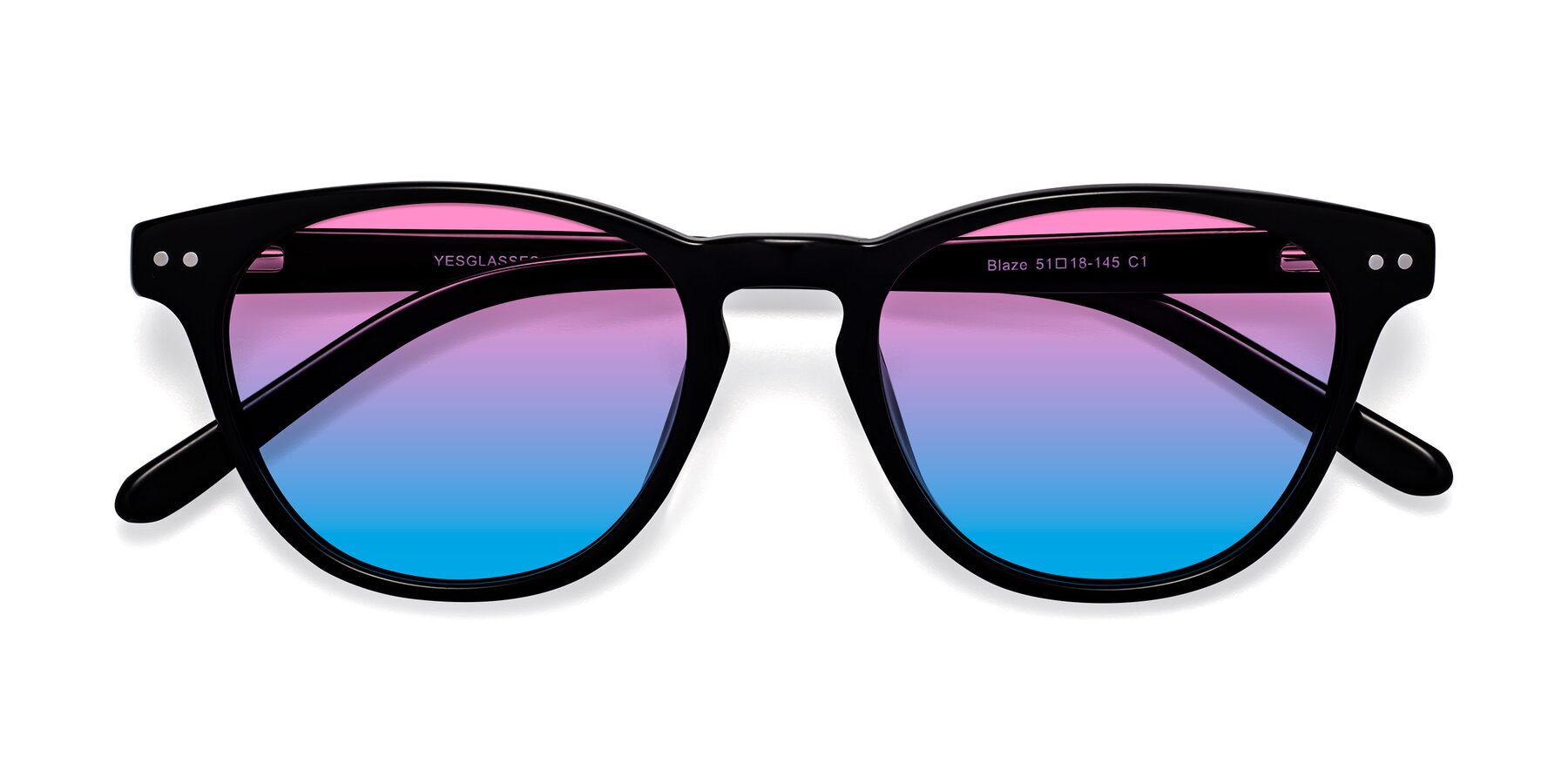 Folded Front of Blaze in Black with Pink / Blue Gradient Lenses