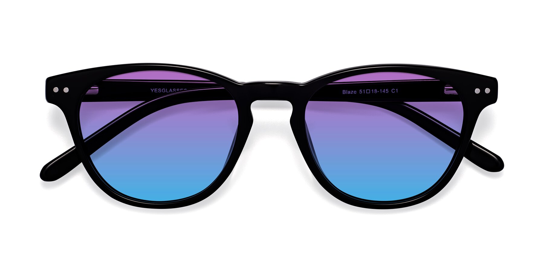 Folded Front of Blaze in Black with Purple / Blue Gradient Lenses
