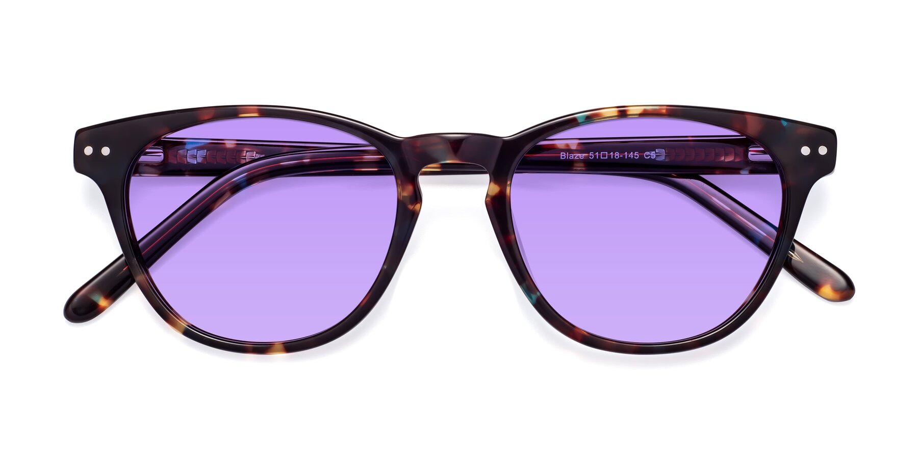 Folded Front of Blaze in Floral Tortoise with Medium Purple Tinted Lenses