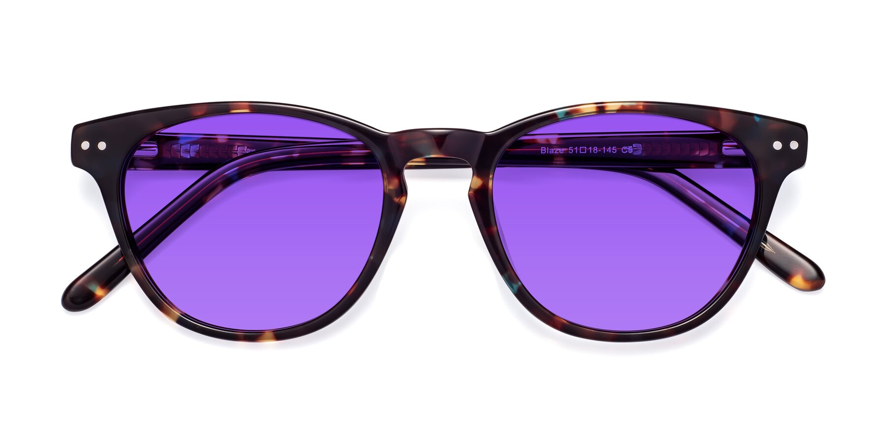 Folded Front of Blaze in Floral Tortoise with Purple Tinted Lenses
