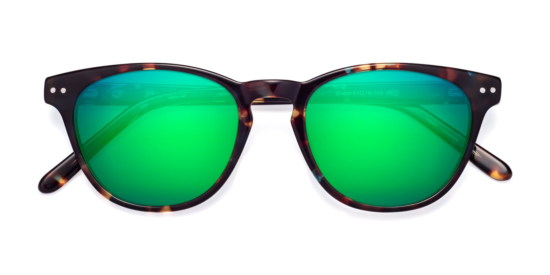 Folded Front of Blaze in Floral Tortoise with Green Mirrored Lenses