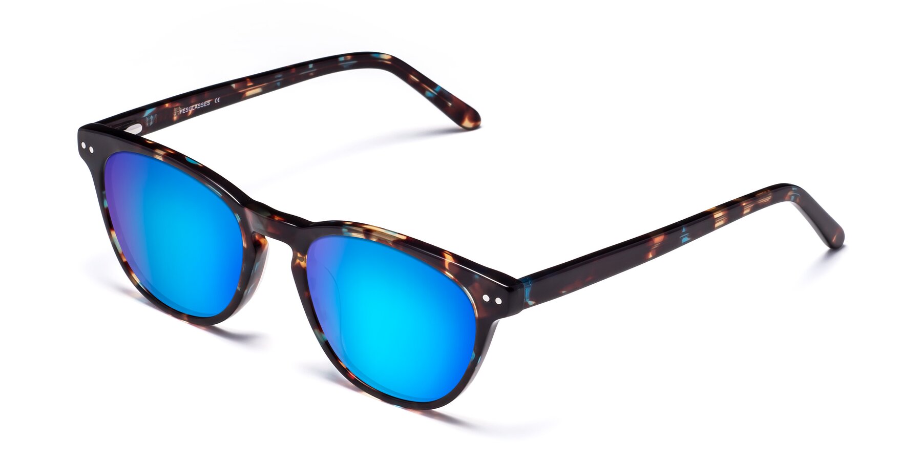 Angle of Blaze in Floral Tortoise with Blue Mirrored Lenses
