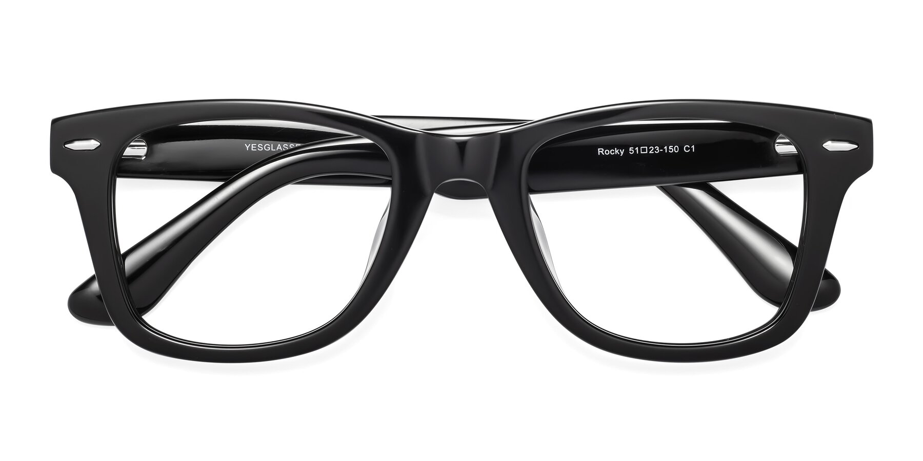 Folded Front of Rocky in Black with Clear Reading Eyeglass Lenses