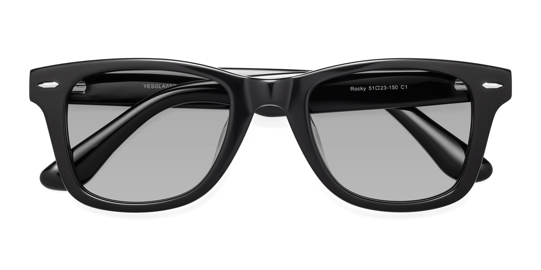 Folded Front of Rocky in Black with Light Gray Tinted Lenses