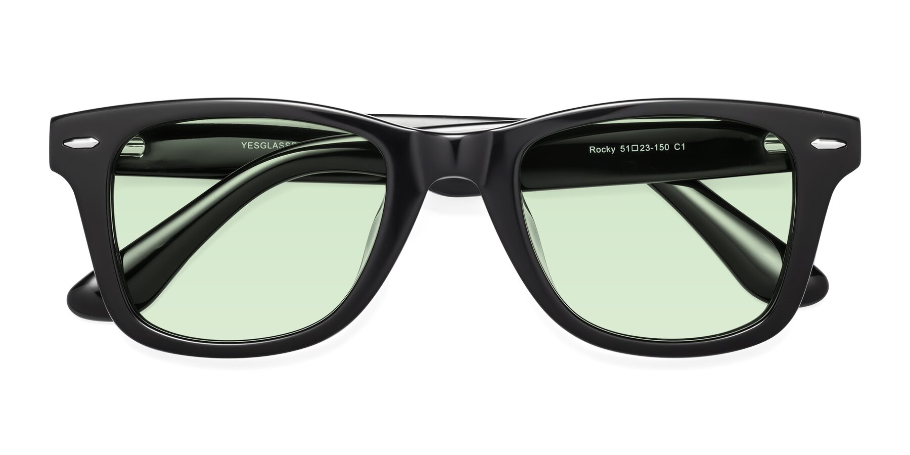 Folded Front of Rocky in Black with Light Green Tinted Lenses