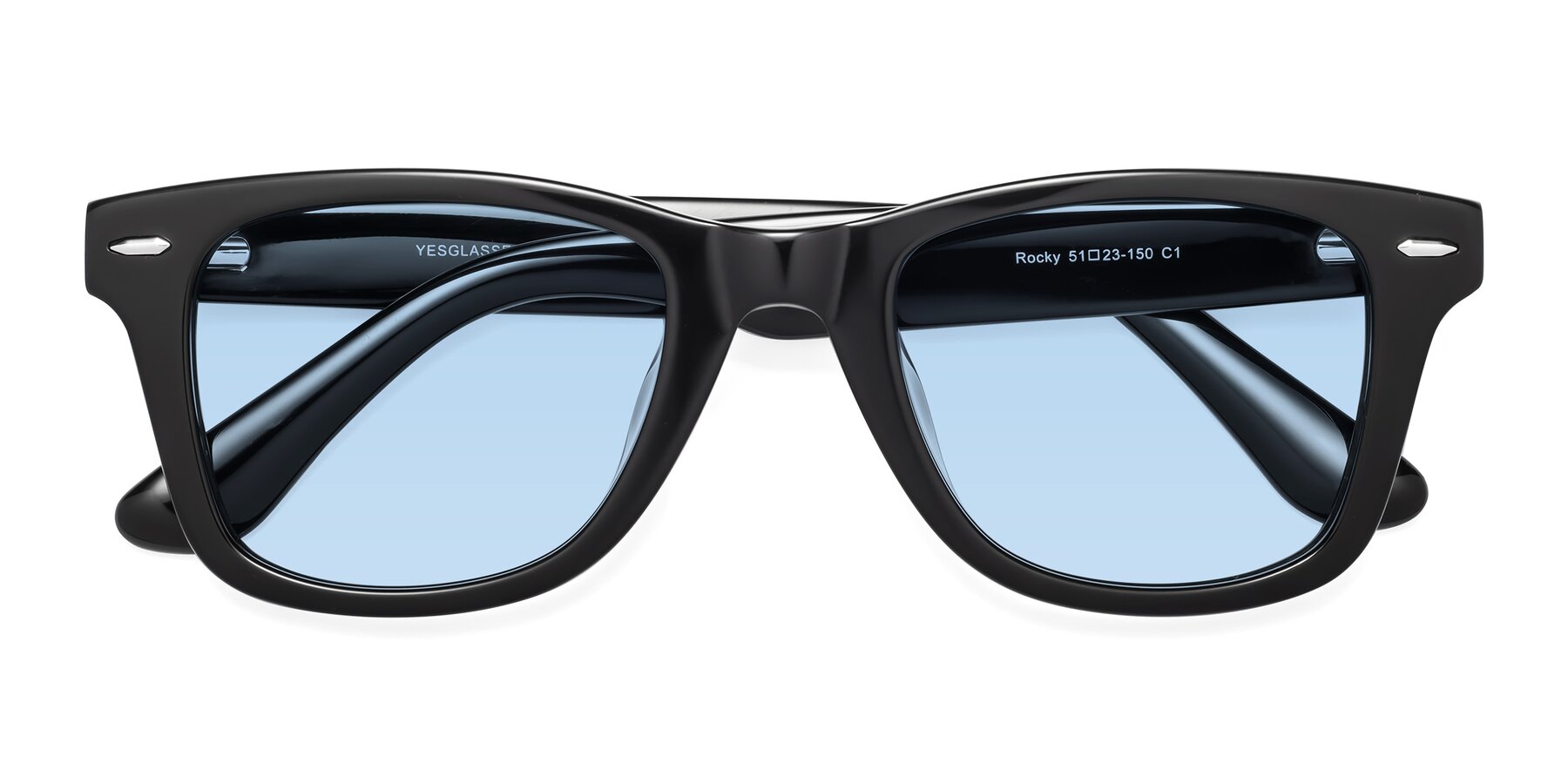 Folded Front of Rocky in Black with Light Blue Tinted Lenses