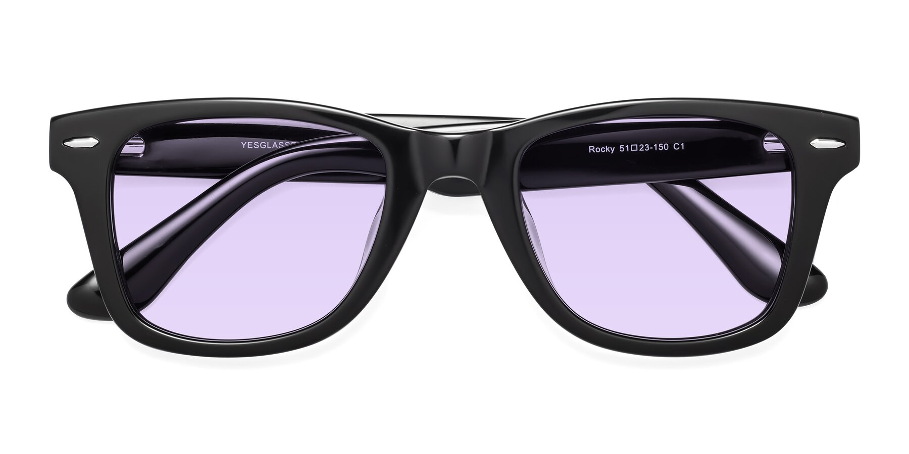 Folded Front of Rocky in Black with Light Purple Tinted Lenses