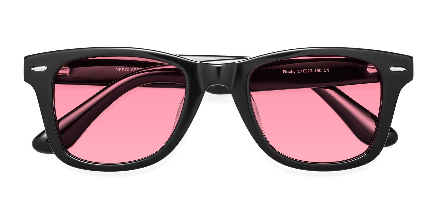 Folded Front of Rocky in Black with Pink Tinted Lenses