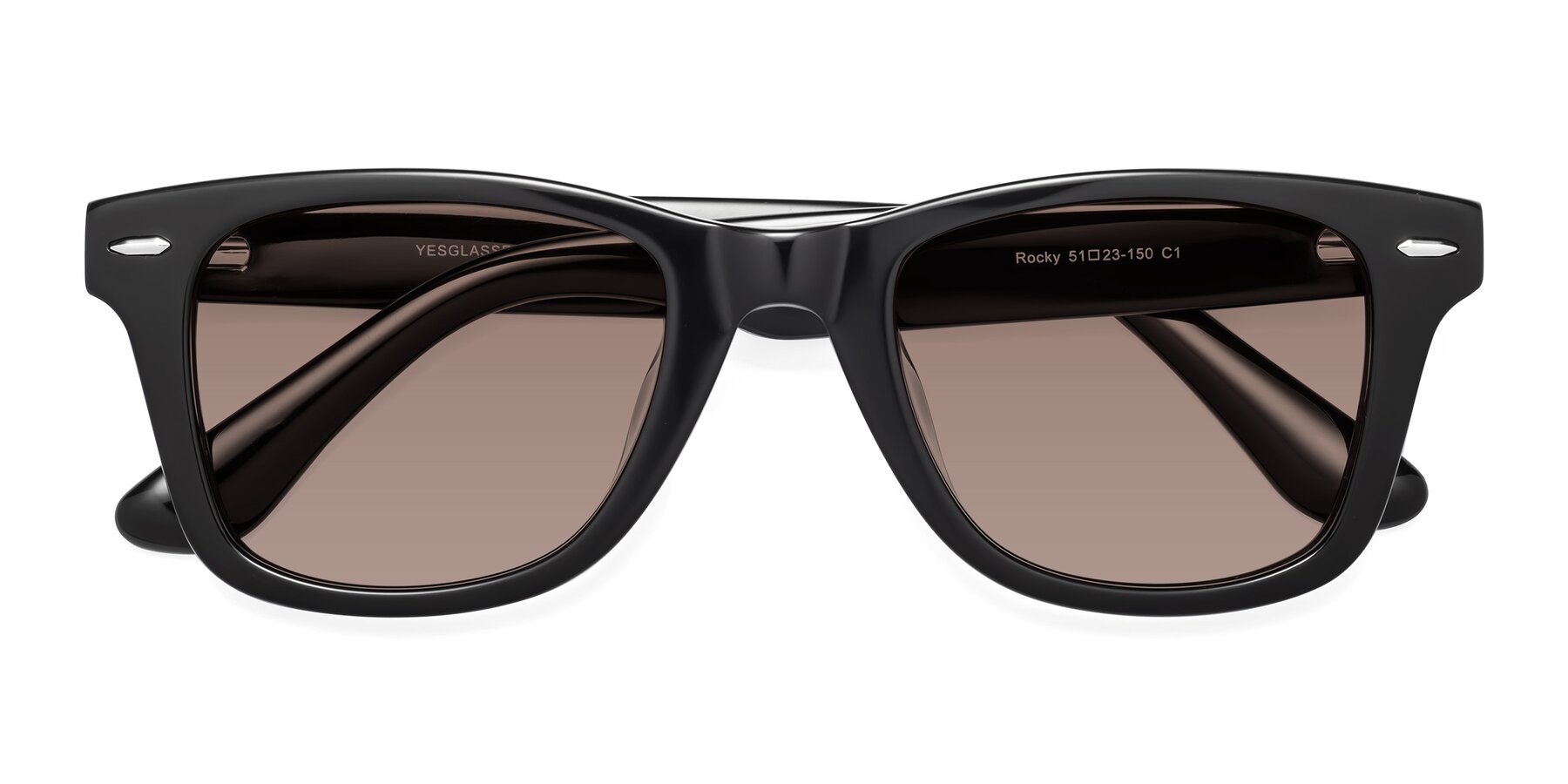 Folded Front of Rocky in Black with Medium Brown Tinted Lenses