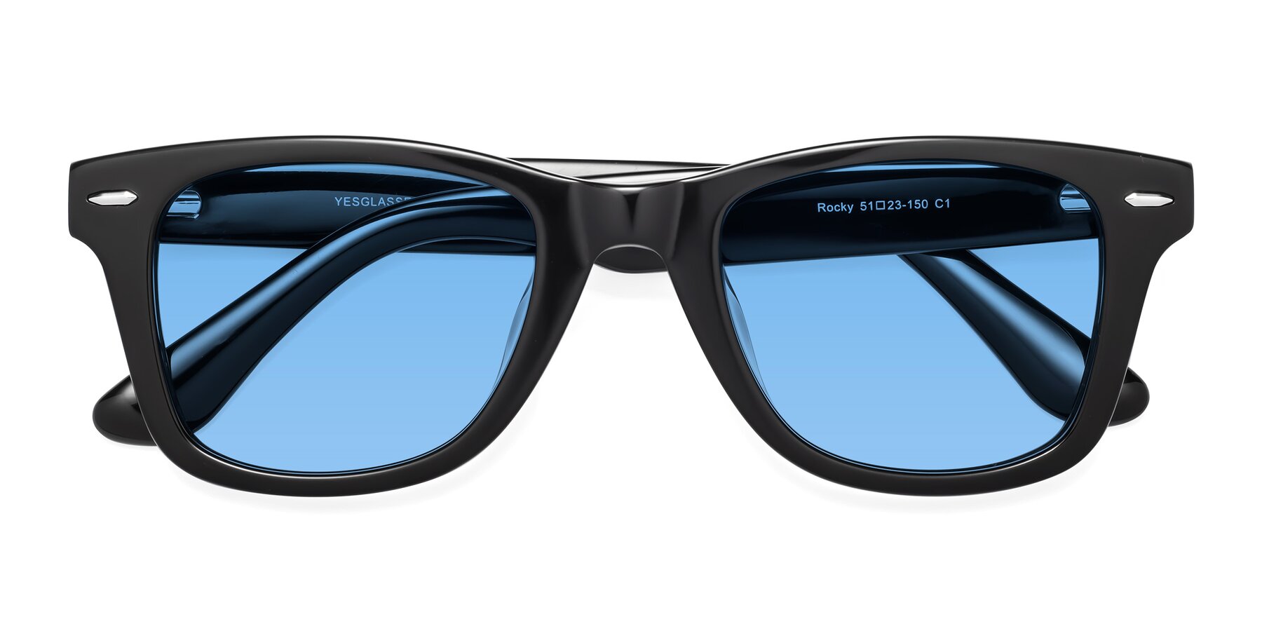 Folded Front of Rocky in Black with Medium Blue Tinted Lenses