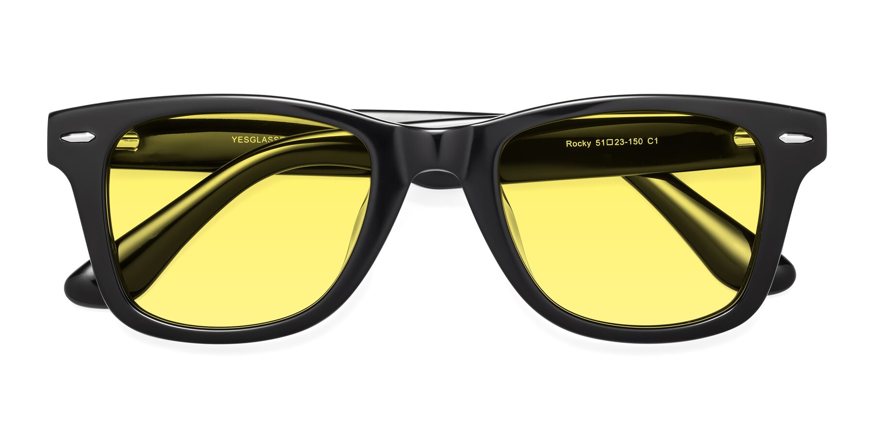 Folded Front of Rocky in Black with Medium Yellow Tinted Lenses