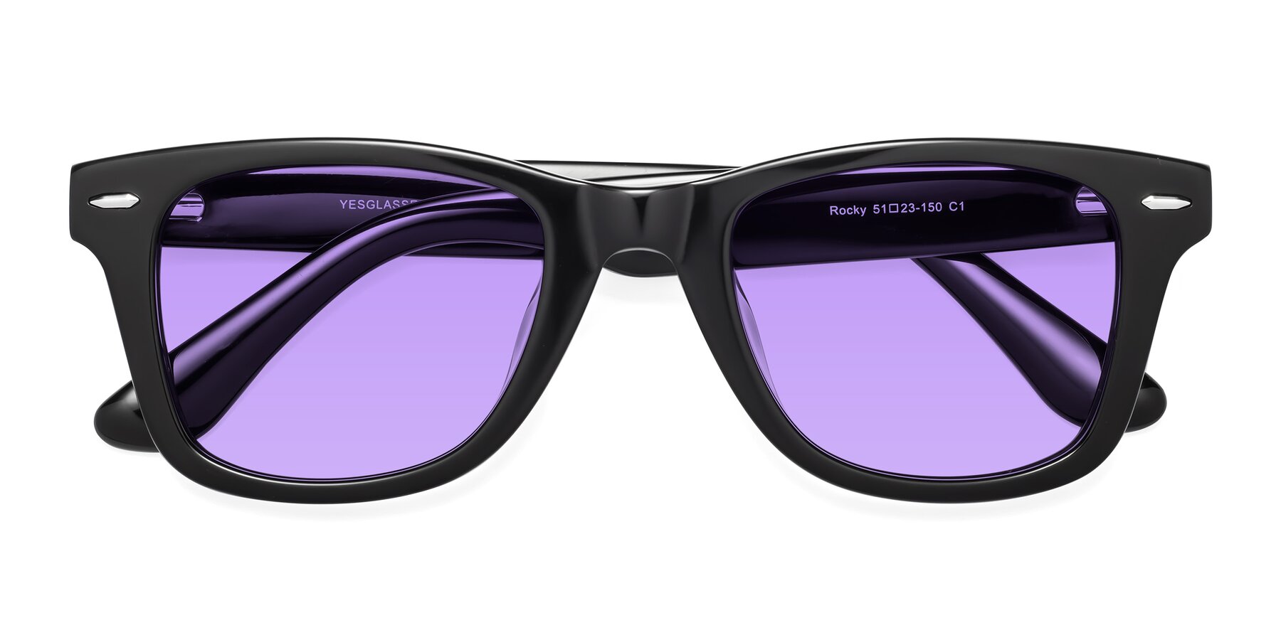 Folded Front of Rocky in Black with Medium Purple Tinted Lenses