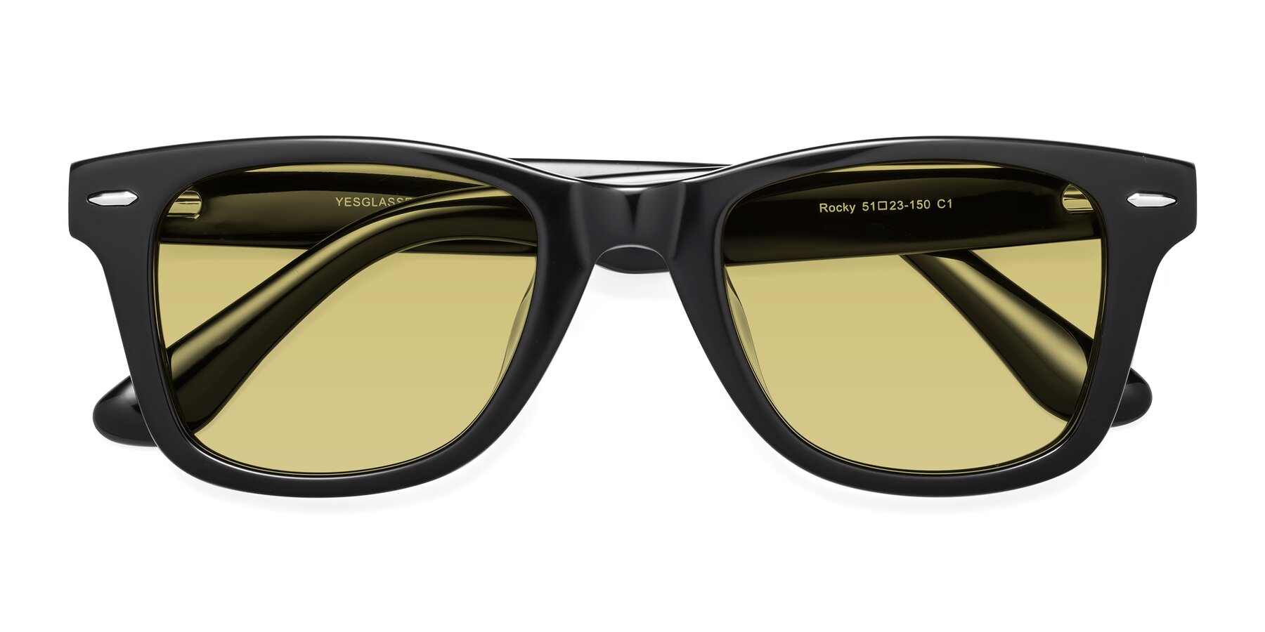Folded Front of Rocky in Black with Medium Champagne Tinted Lenses