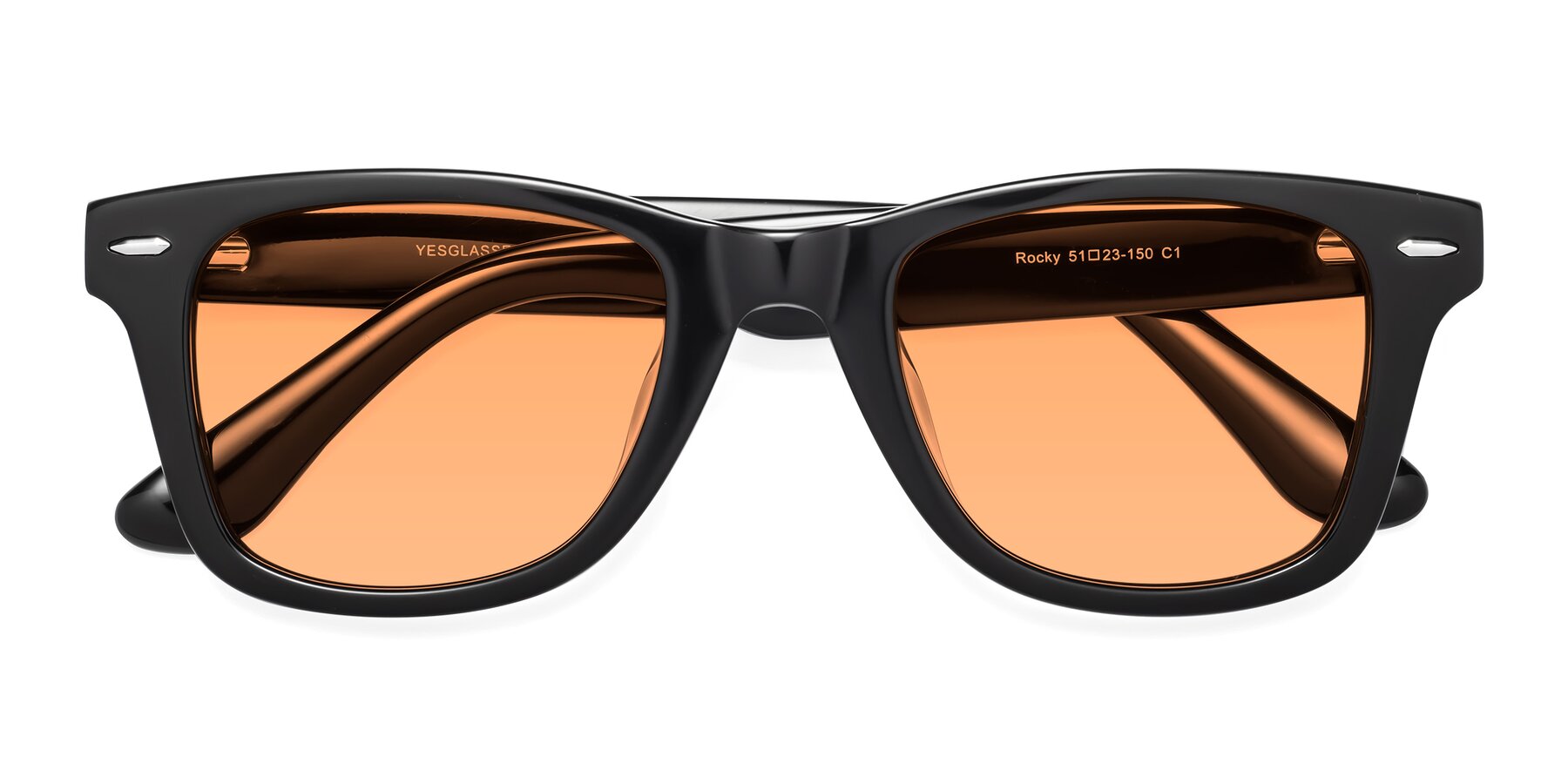 Folded Front of Rocky in Black with Medium Orange Tinted Lenses