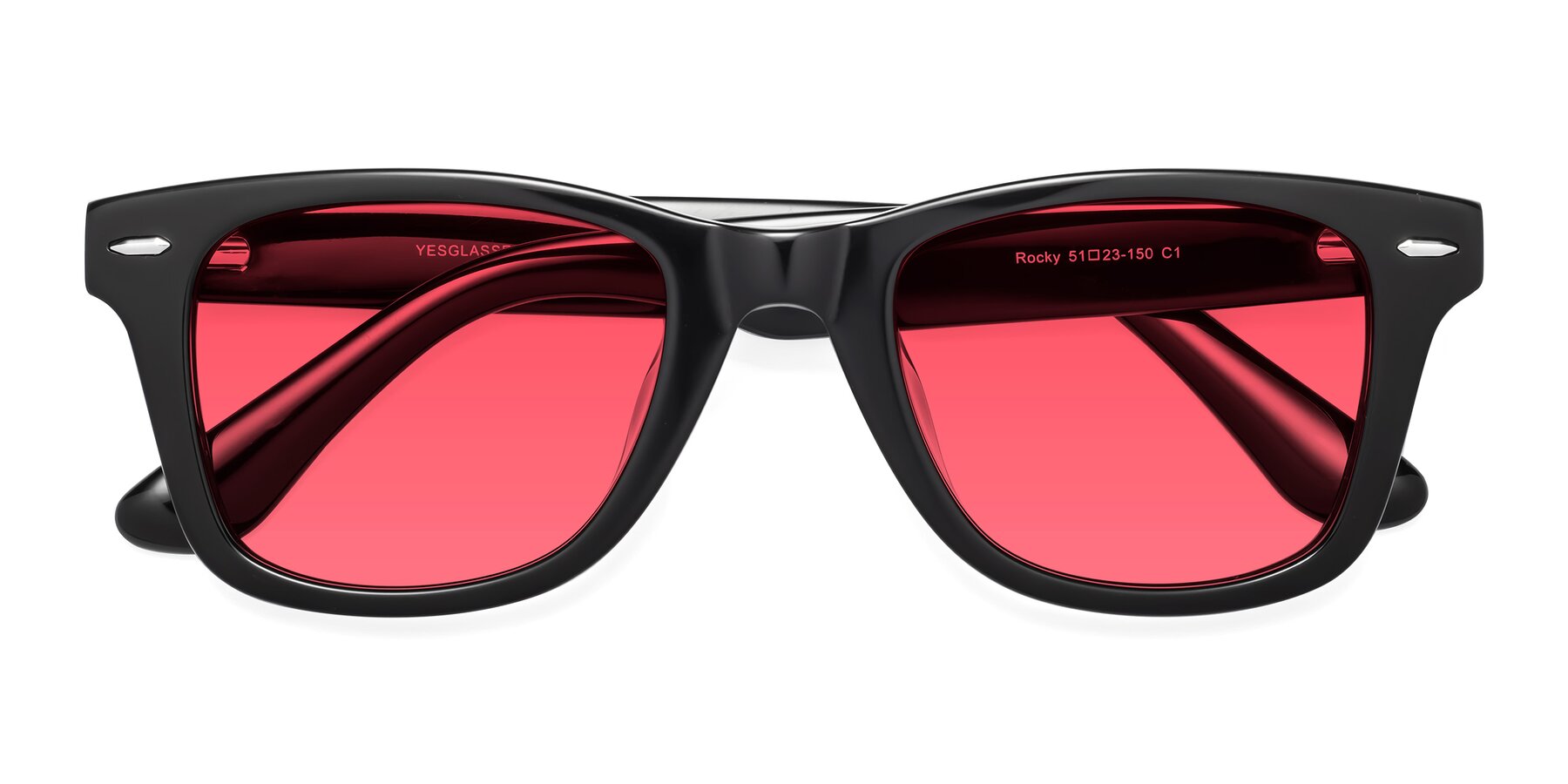 Folded Front of Rocky in Black with Pink Tinted Lenses