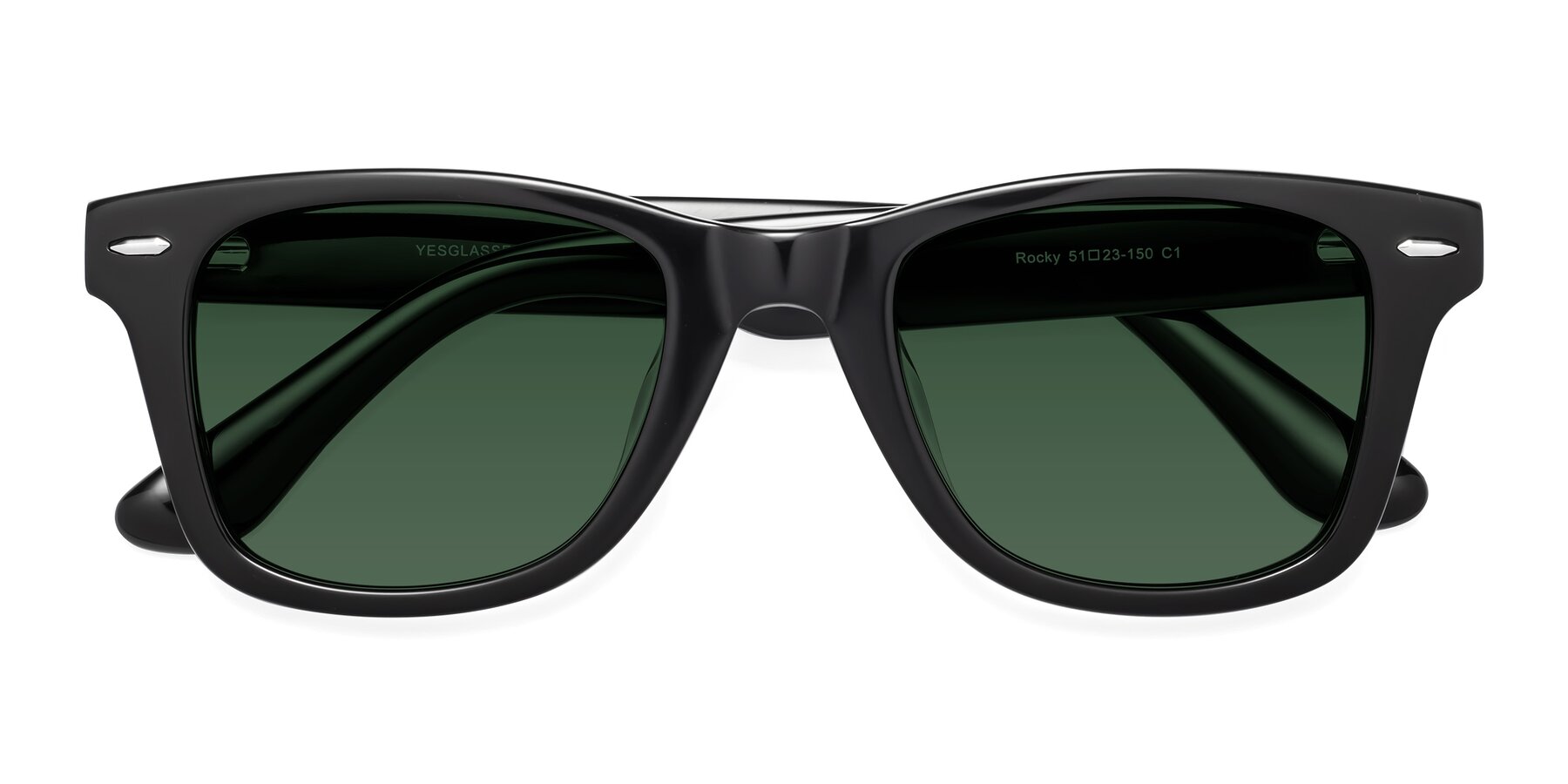 Folded Front of Rocky in Black with Green Tinted Lenses