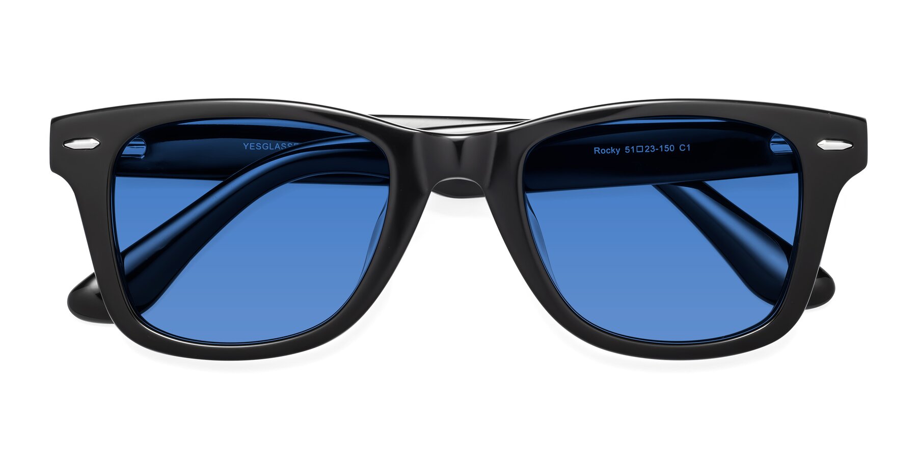 Folded Front of Rocky in Black with Blue Tinted Lenses