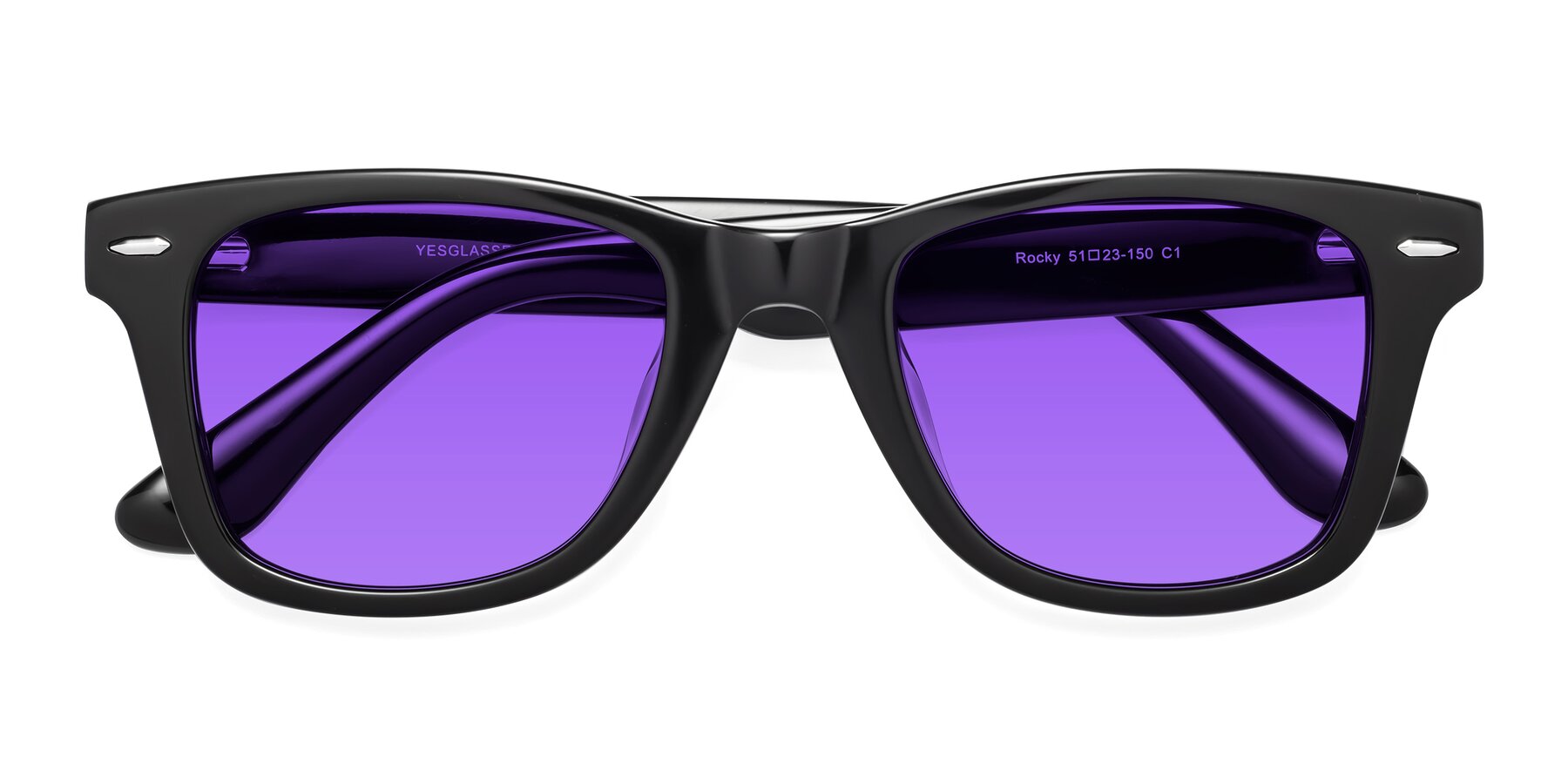 Folded Front of Rocky in Black with Purple Tinted Lenses