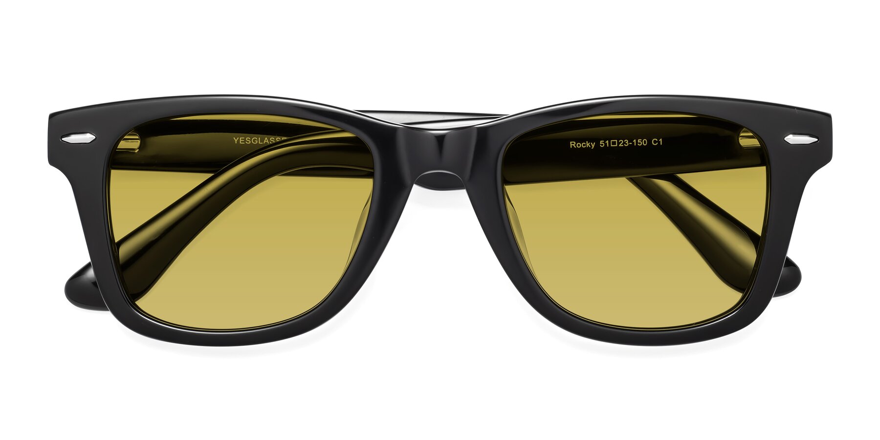 Folded Front of Rocky in Black with Champagne Tinted Lenses