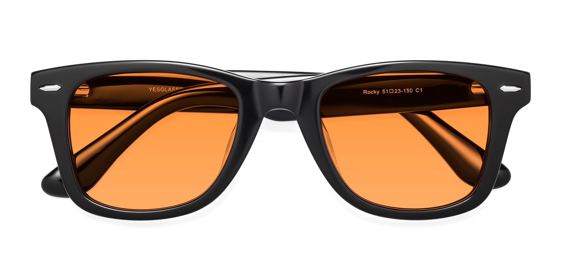 Folded Front of Rocky in Black with Orange Tinted Lenses