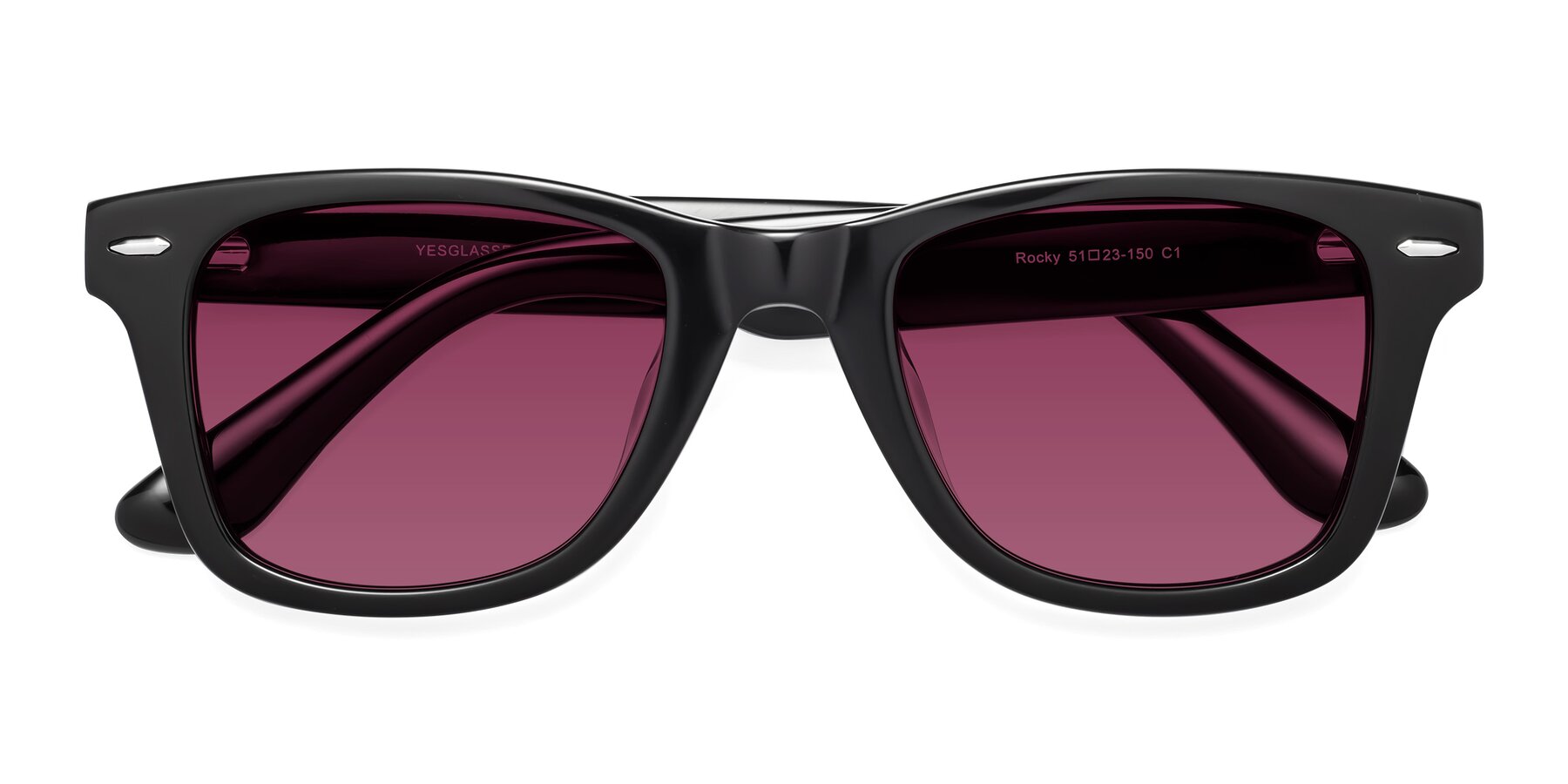 Folded Front of Rocky in Black with Wine Tinted Lenses