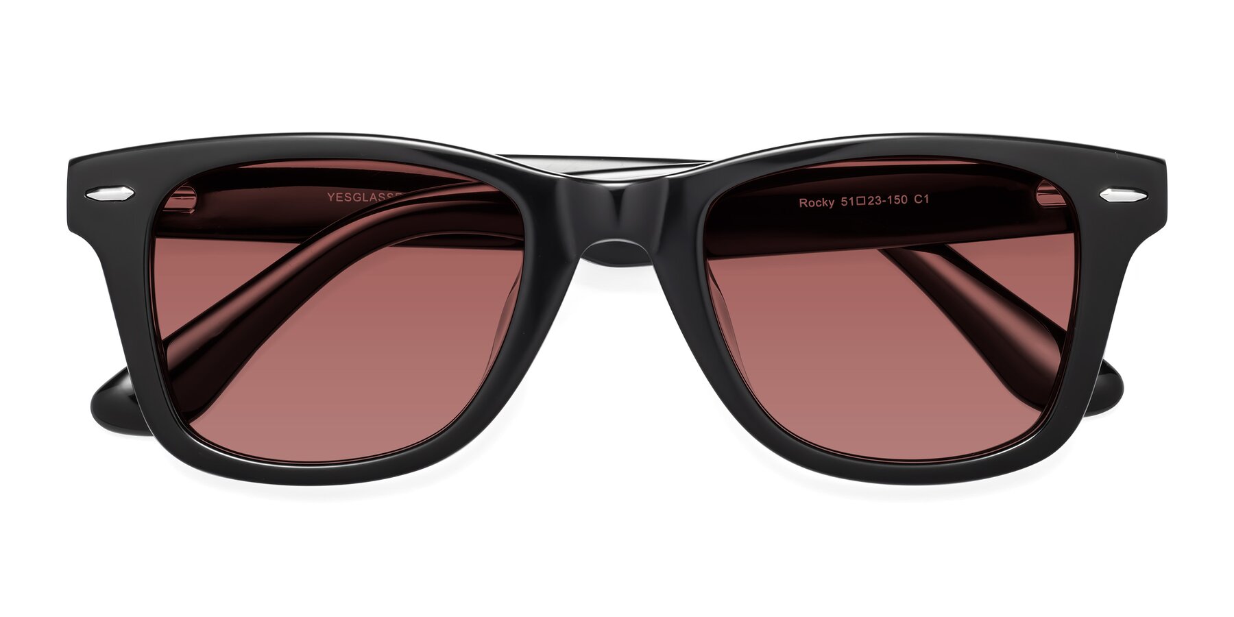 Folded Front of Rocky in Black with Garnet Tinted Lenses