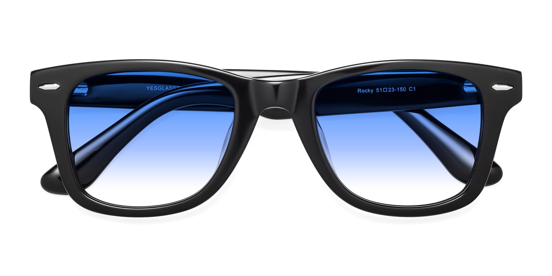 Folded Front of Rocky in Black with Blue Gradient Lenses