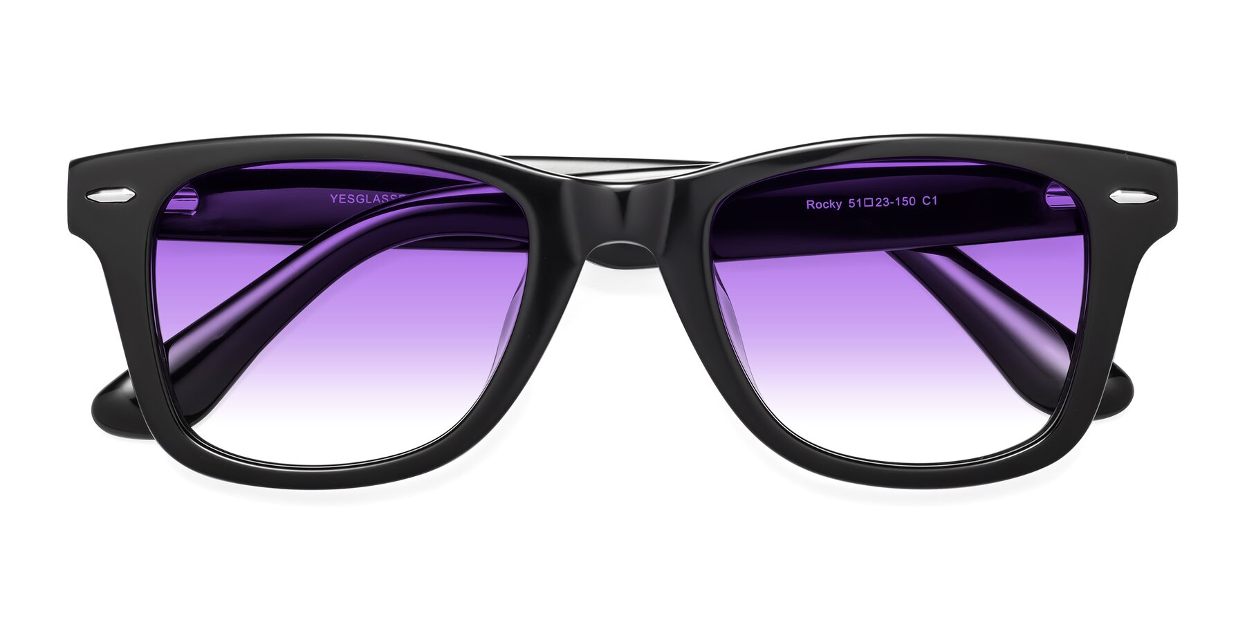 Folded Front of Rocky in Black with Purple Gradient Lenses