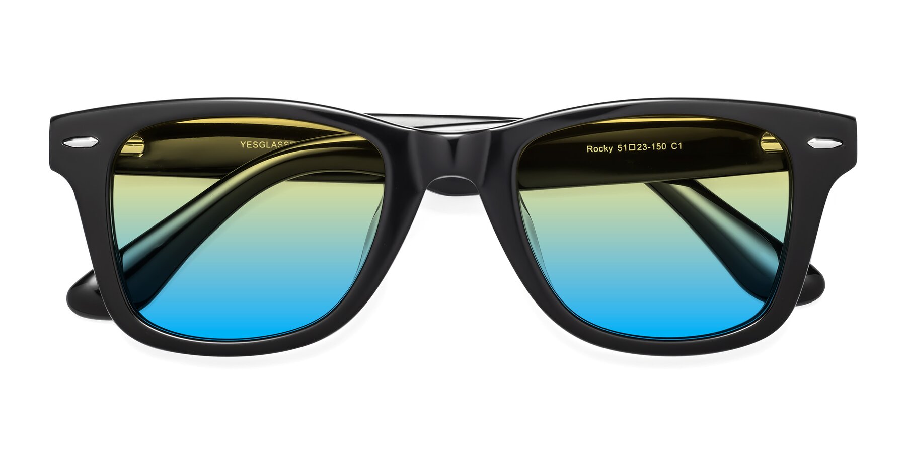 Folded Front of Rocky in Black with Yellow / Blue Gradient Lenses