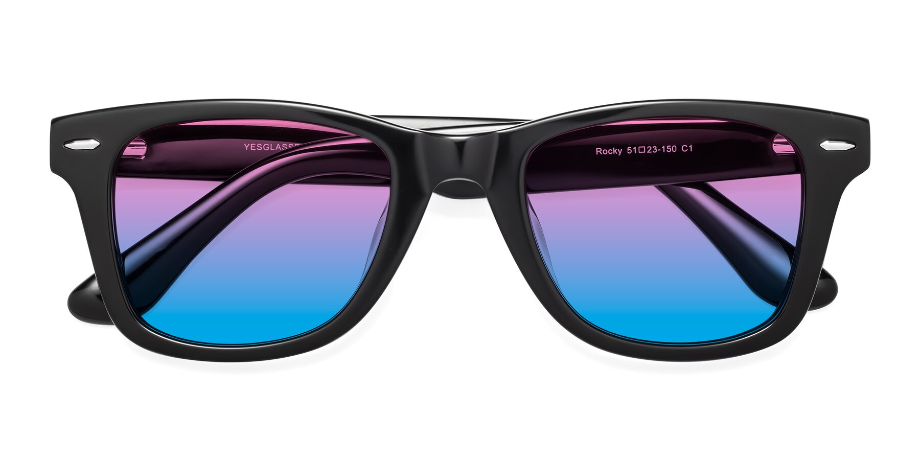 Folded Front of Rocky in Black with Pink / Blue Gradient Lenses