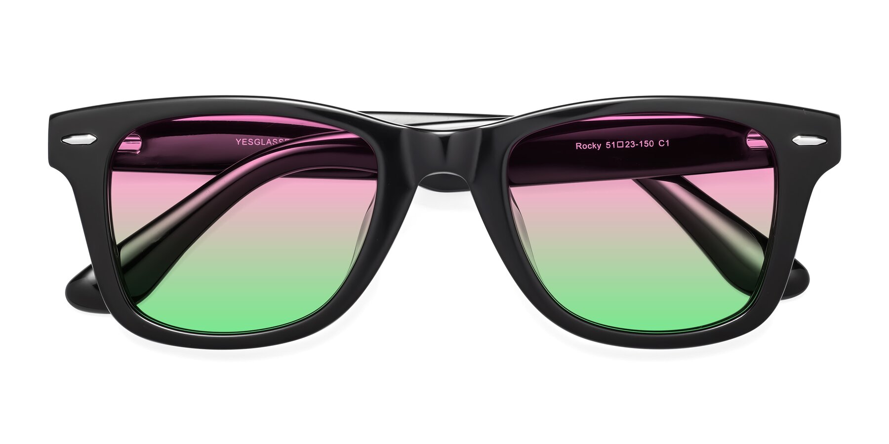 Folded Front of Rocky in Black with Pink / Green Gradient Lenses