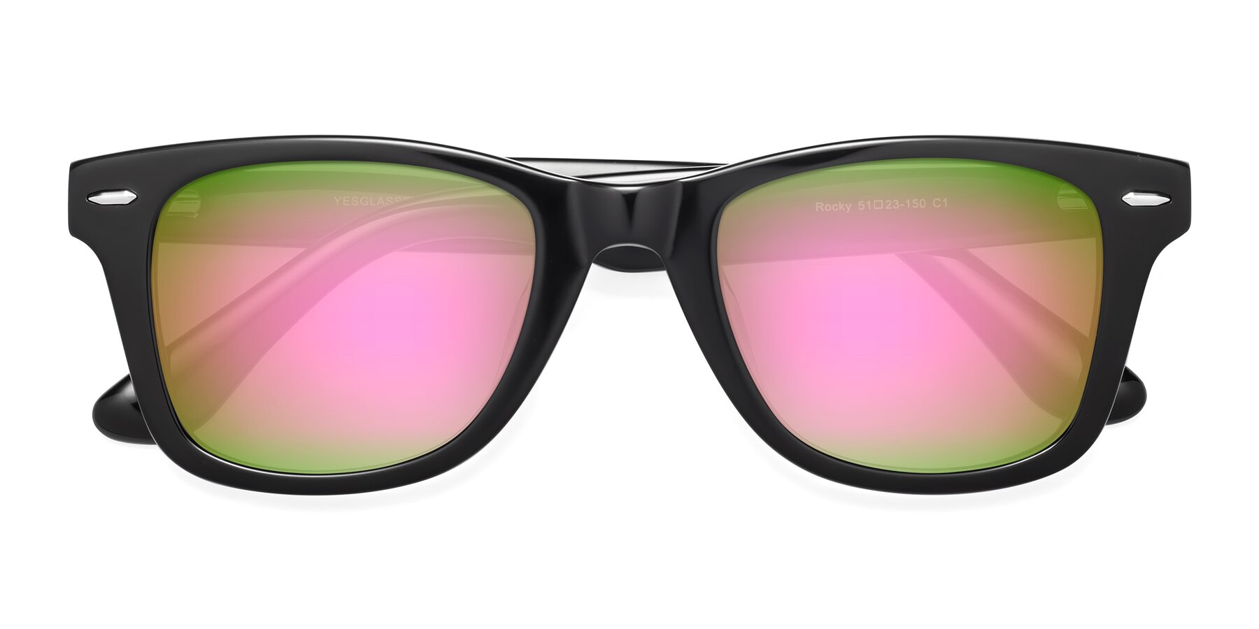 Folded Front of Rocky in Black with Pink Mirrored Lenses