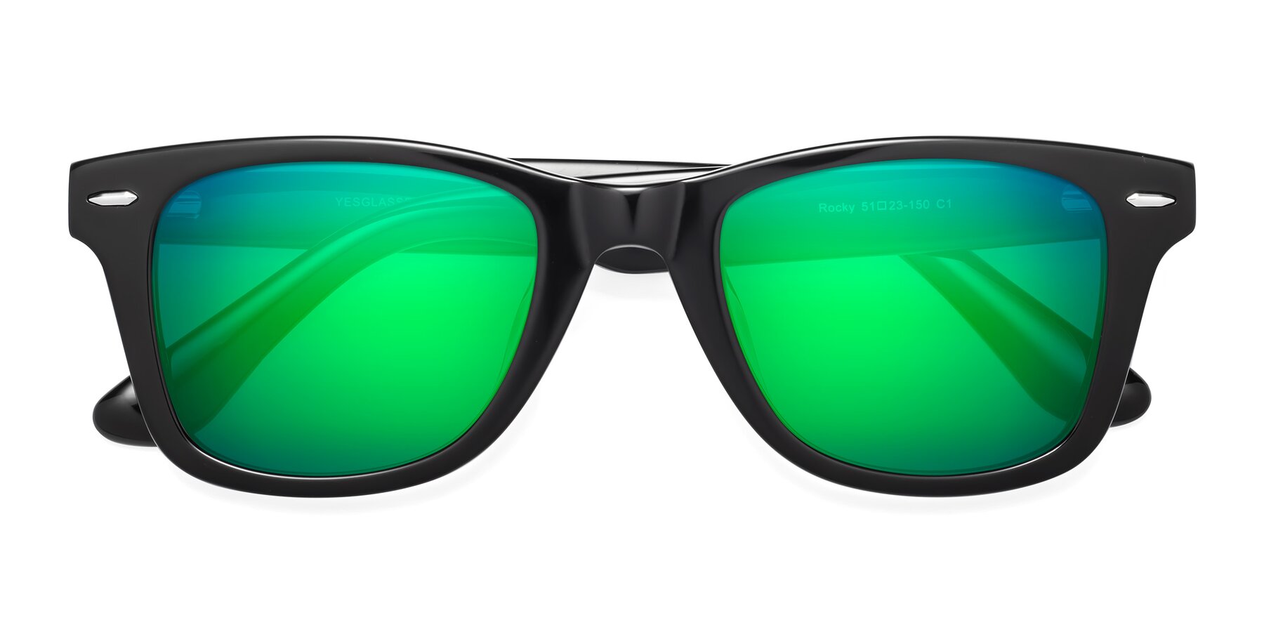 Folded Front of Rocky in Black with Green Mirrored Lenses
