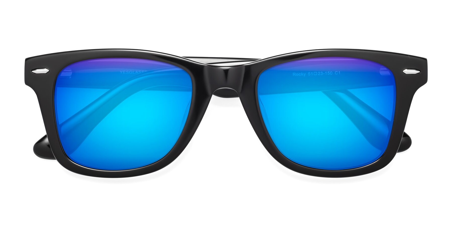 Folded Front of Rocky in Black with Blue Mirrored Lenses