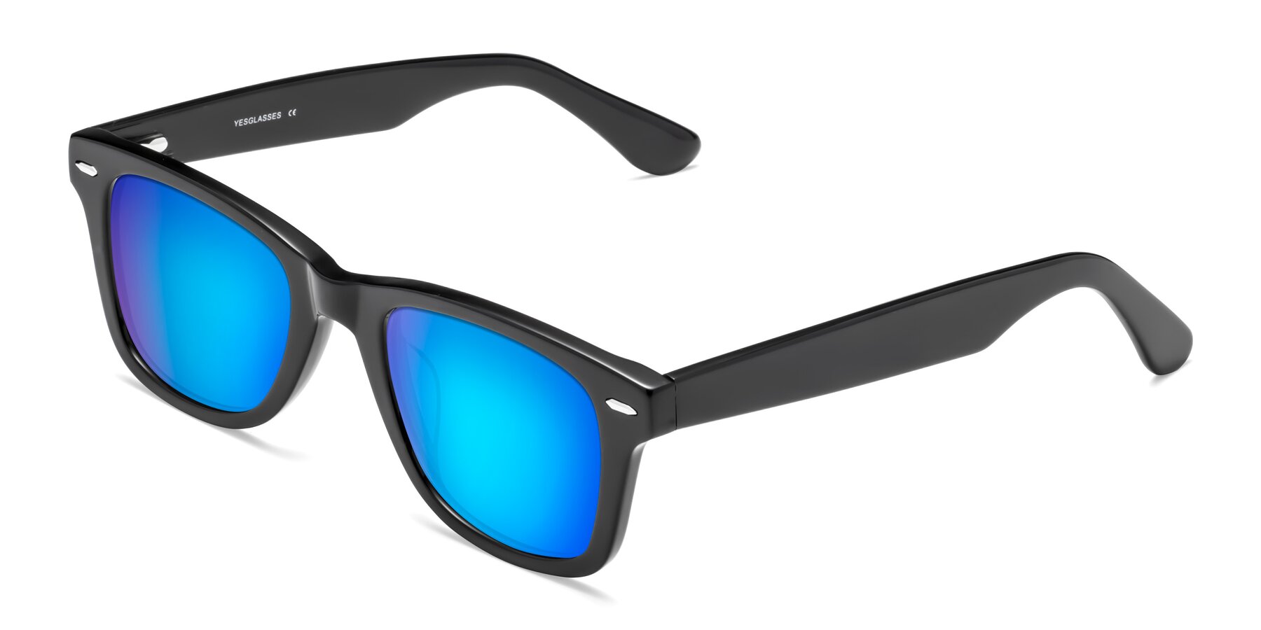Angle of Rocky in Black with Blue Mirrored Lenses