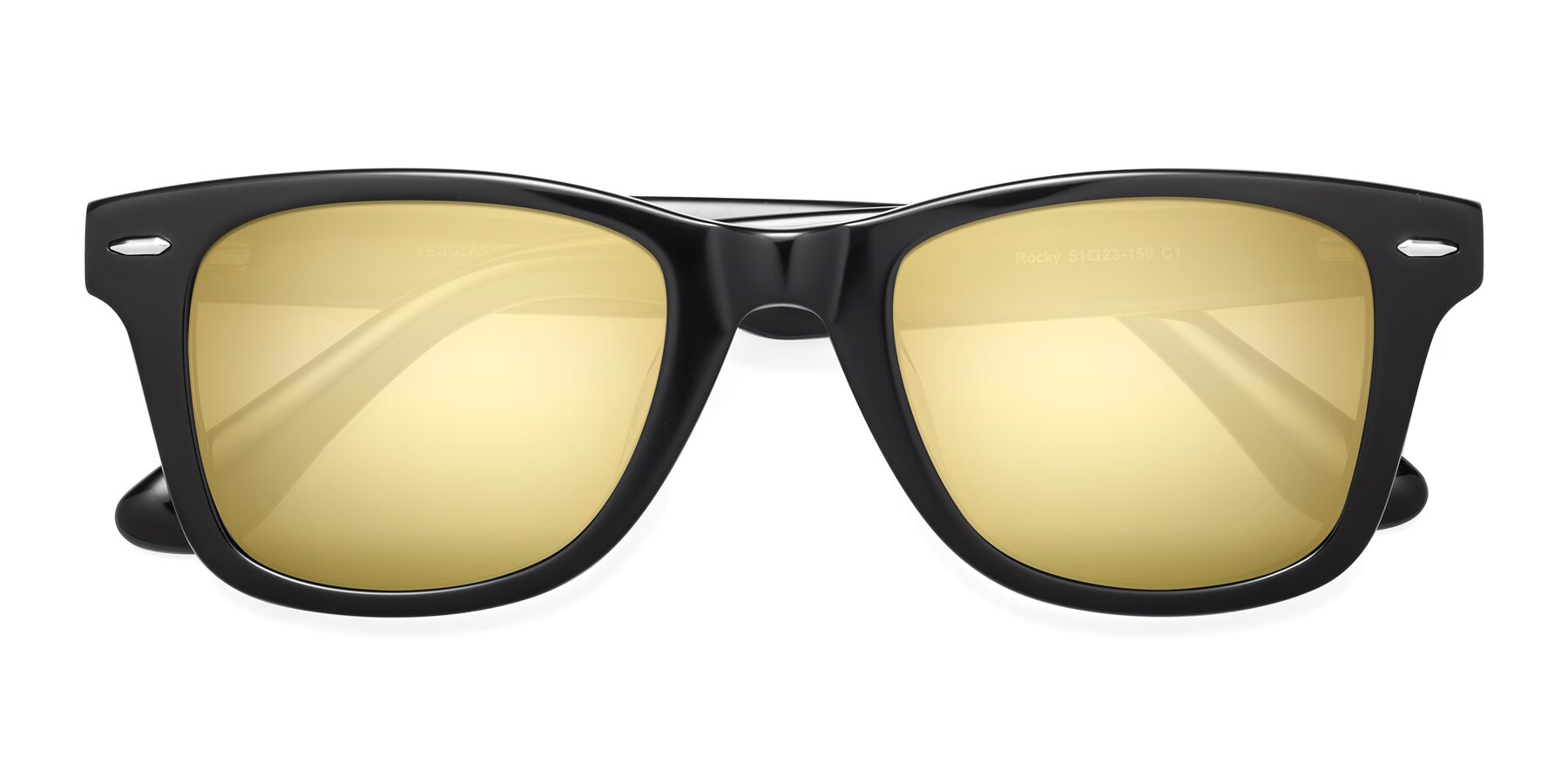 Folded Front of Rocky in Black with Gold Mirrored Lenses