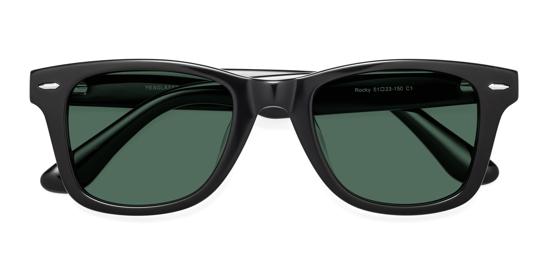Folded Front of Rocky in Black with Green Polarized Lenses