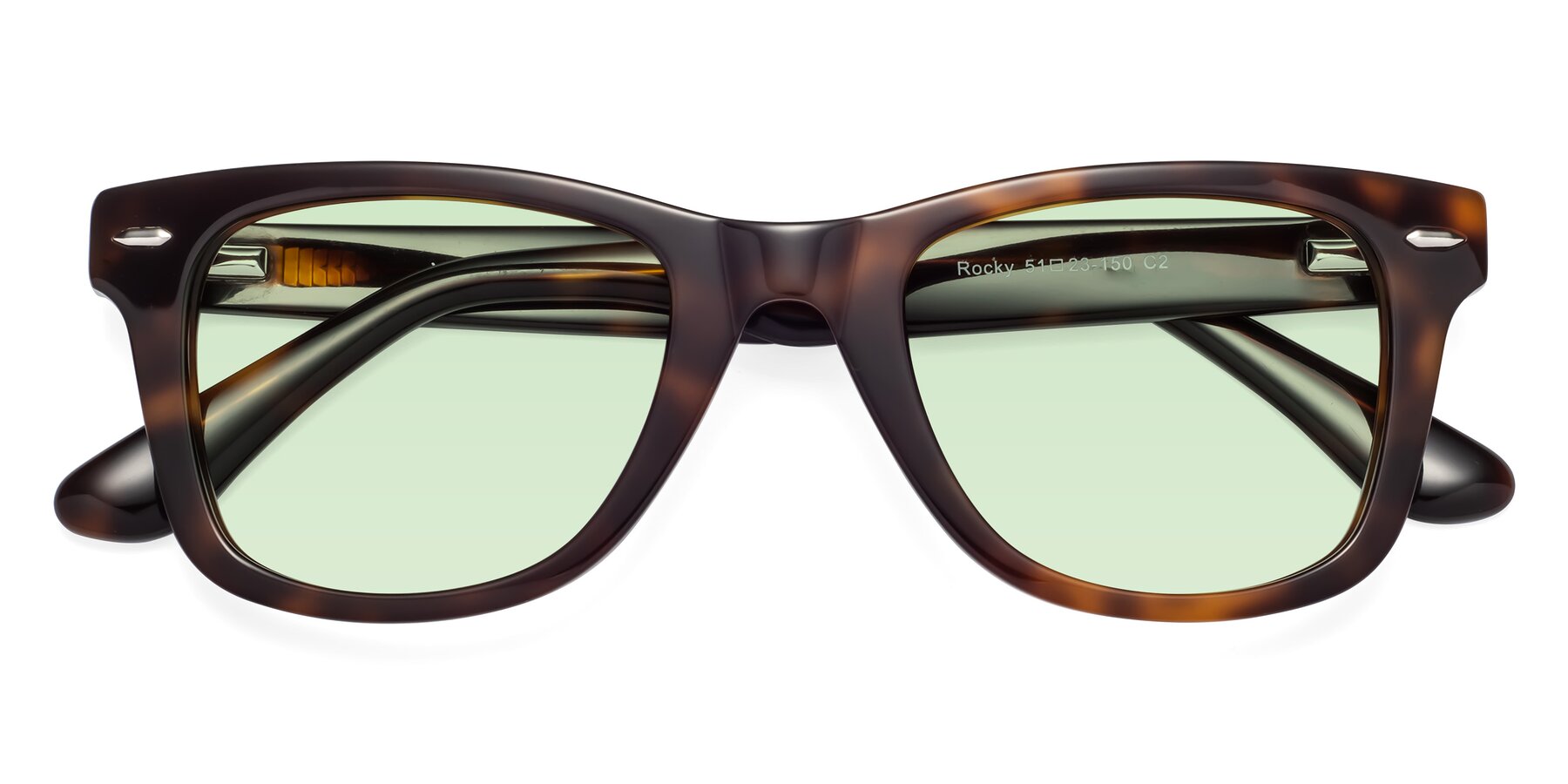 Folded Front of Rocky in Tortoise with Light Green Tinted Lenses